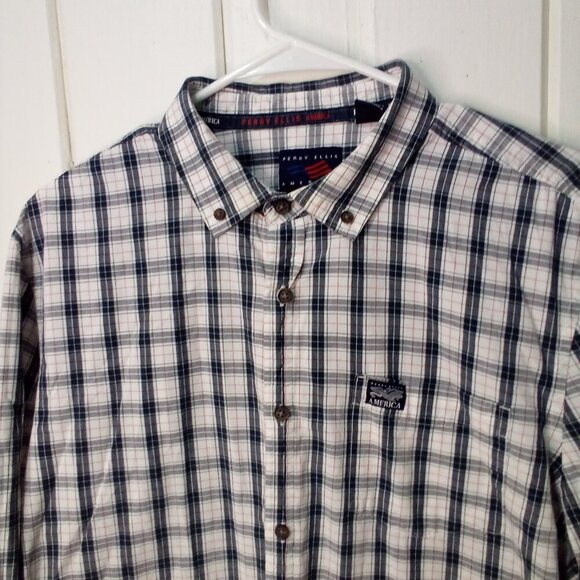 Perry Ellis America Shirt Men XL Button Down Long Sleeve Plaid White Black - Picture 3 of 15